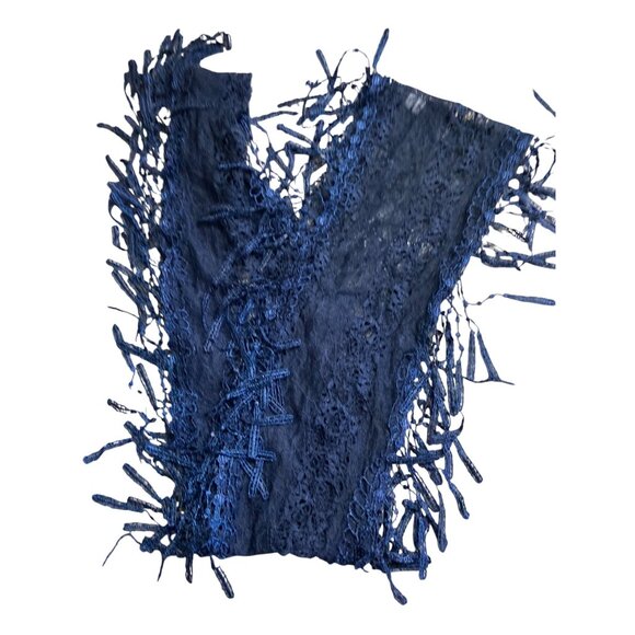 Womens Rectangle Infinity Scarf Lace Fringe Dark Blue Boho Chic Lightweight - Picture 2 of 7